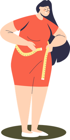 Modèle femme grande taille mesurant la taille avec un ruban à mesurer  Illustration