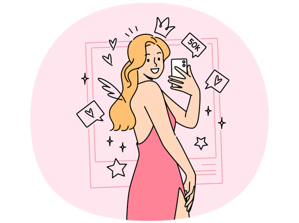 Modèle photo de femme prenant un selfie en robe de cocktail et se tenant parmi les notes des réseaux sociaux  Illustration