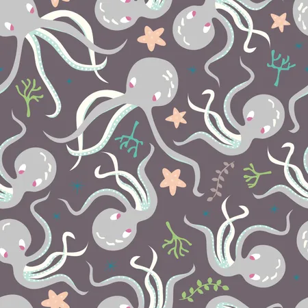 Modèle sans couture avec des animaux sous-marins, des poulpes mignons et des étoiles de mer  Illustration