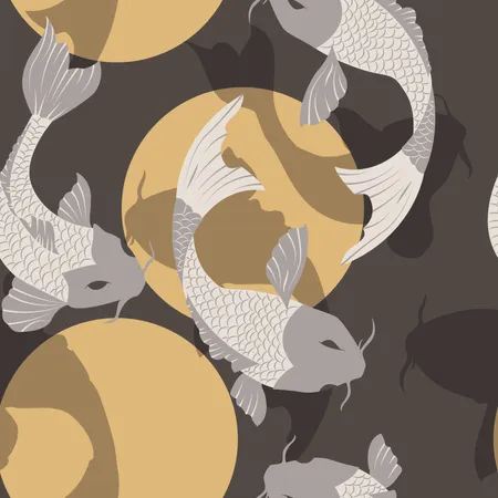 Modèle sans couture avec poisson carpe koi et soleil, art japonais traditionnel  Illustration