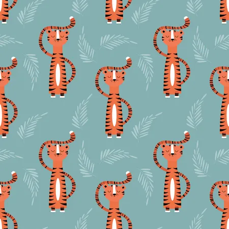 Modèle sans couture avec un joli tigre orange de la jungle sur fond bleu  Illustration