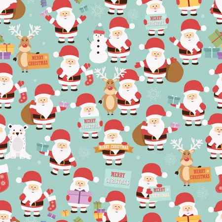 Modèle sans couture de Noël avec le Père Noël, le renne, l'ours et les cadeaux  Illustration