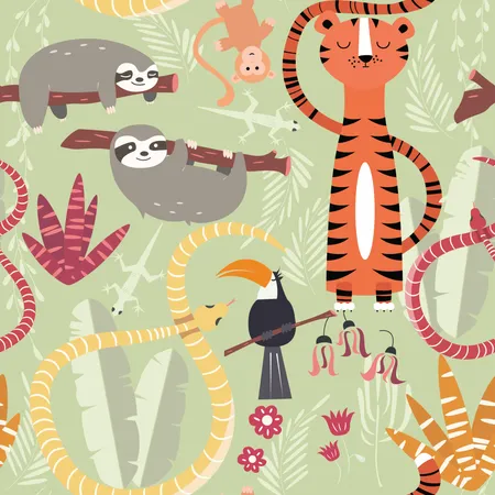 Modello senza cuciture con simpatici animali della foresta pluviale, tigre, serpente, bradipo  Illustration