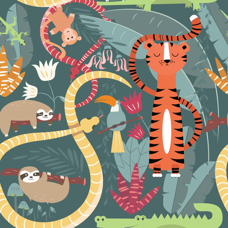 Modello senza cuciture con simpatici animali della foresta pluviale, tigre, serpente, bradipo  Illustration