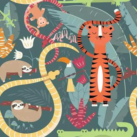 Modello senza cuciture con simpatici animali della foresta pluviale, tigre, serpente, bradipo  Illustration