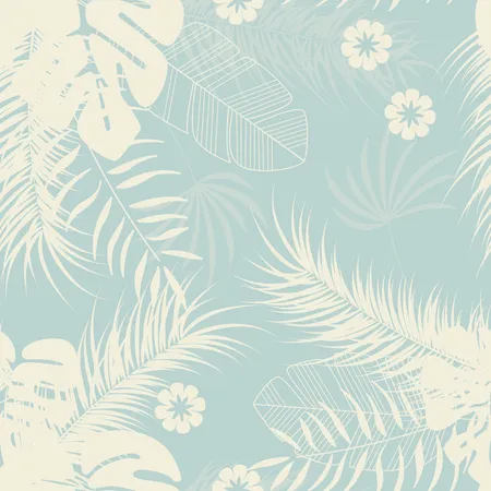 Modello tropicale estivo senza cuciture con foglie di palma monstera e piante su sfondo blu  Illustration