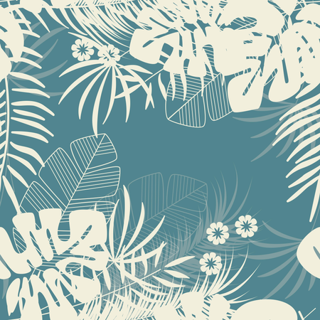 Modello tropicale estivo senza cuciture con foglie di palma monstera e piante su sfondo blu  Illustration