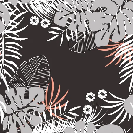 Reticolo tropicale senza giunte di estate con foglie di palma monstera e piante su sfondo scuro  Illustration