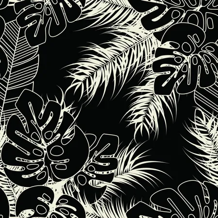 Reticolo tropicale senza giunte di estate con foglie di palma monstera e piante su sfondo scuro  Illustration