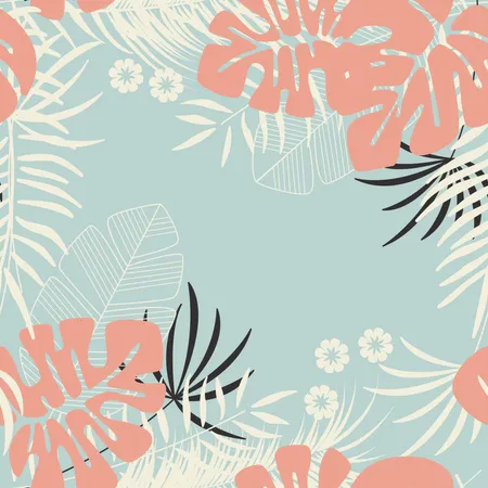 Modello tropicale estivo senza cuciture con foglie di palma monstera, piante e fiori su sfondo blu  Illustration