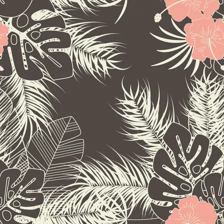 Modello tropicale estivo senza cuciture con foglie di palma monstera, piante e fiori su sfondo marrone  Illustration