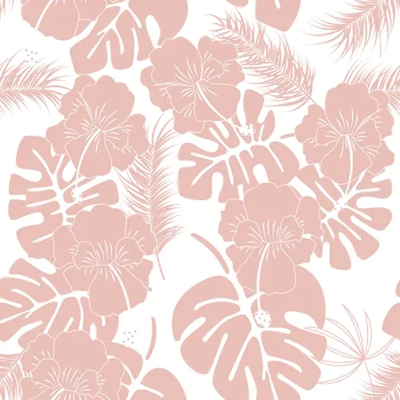 Modello tropicale senza cuciture con foglie e fiori rosa di monstera su sfondo bianco  Illustration