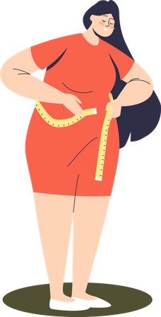 Modelo feminino plus size medindo cintura com fita métrica  Ilustração