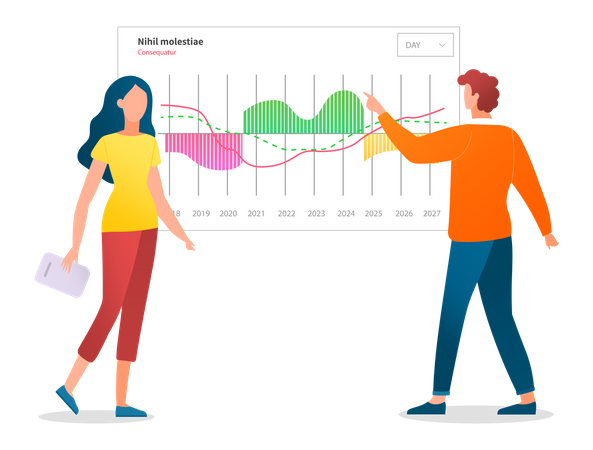 Moderatoren zeigen statistische Indikatoren und Daten im Diagramm  Illustration