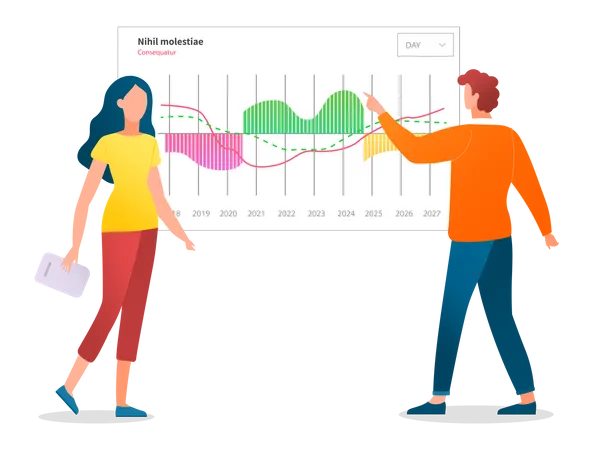 Moderatoren zeigen statistische Indikatoren und Daten im Diagramm  Illustration
