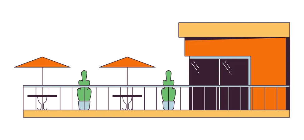 Modern Cafe Balcony 2 D Linear Cartoon Object Contemporary Restaurant Patio Isolated Line Vector Element White Background Glass Window Building Terrace Tables Umbrellas Color Flat Spot Illustration Illustration