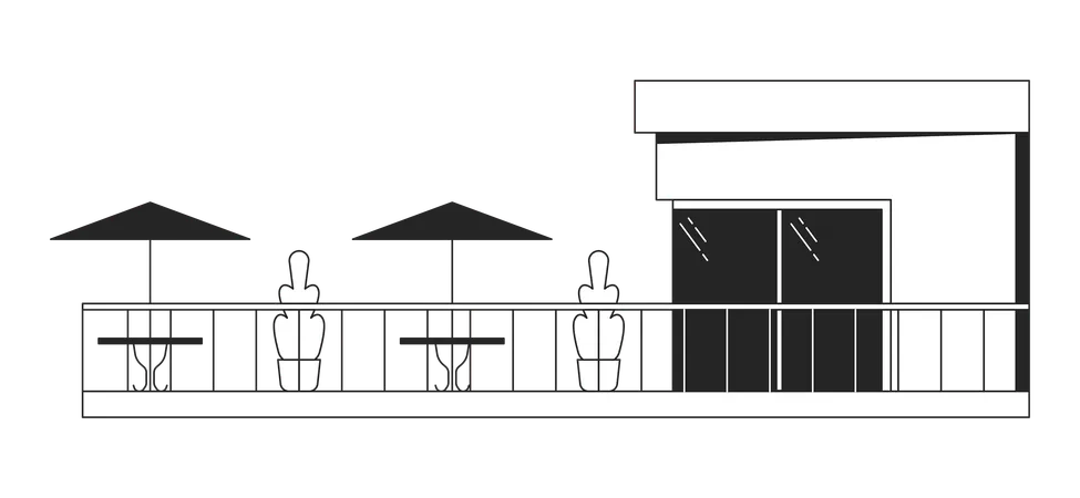 Modern Cafe Balcony Black And White 2 D Line Cartoon Object Contemporary Restaurant Patio Isolated Vector Outline Item Glass Building Terrace Tables Umbrellas Monochromatic Flat Spot Illustration Illustration