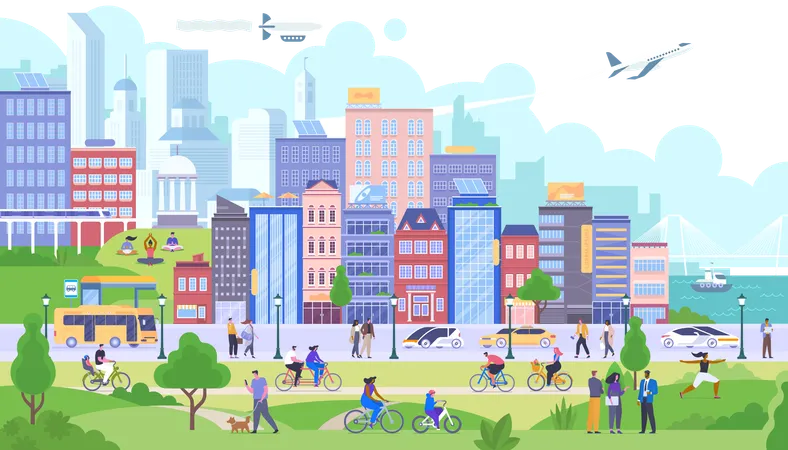 Modern City Panorama Flat Vector Illustration Happy Citizens Cartoon Characters Smiling People Rest In Public Park Happy Urban Life Different Activities Leisure Buildings And Transportation Illustration