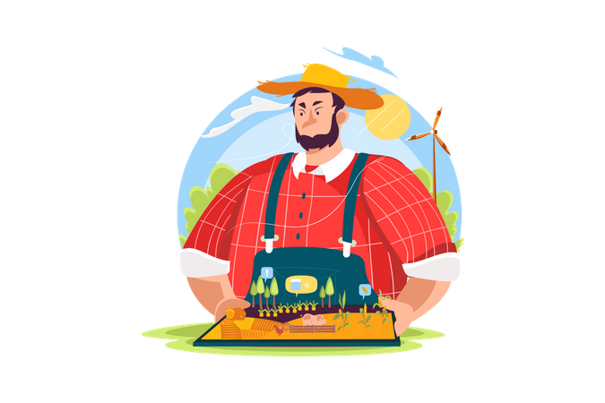 Modern farmer using Augmented reality to control farm Illustration