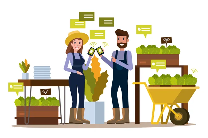 Modern farmer using smartphone  in greenhouse. Illustration