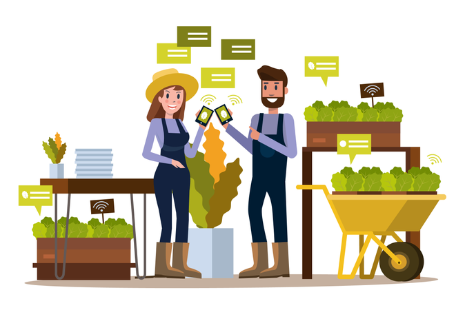 Modern farmer using smartphone  in greenhouse.  Illustration