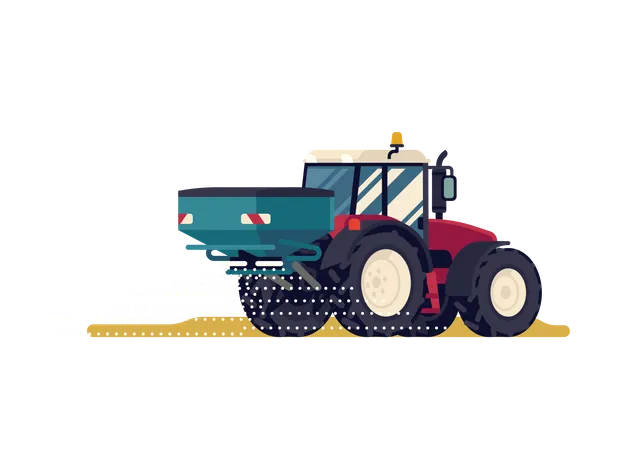 Modern four wheel drive tractor with centrifuge fertilizer spreader or broadcast spreader attachment  Illustration