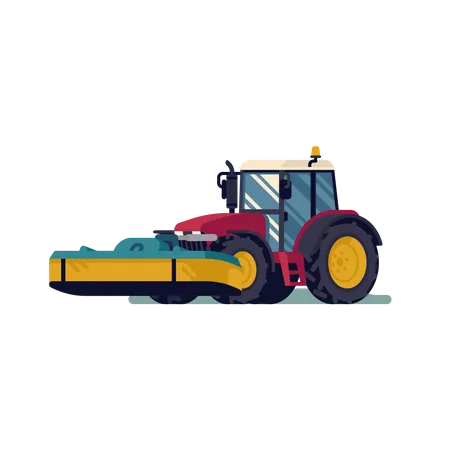 Modern four wheel tractor with front mower attachment in lifted and operating positions  Illustration