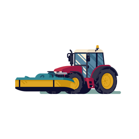 Modern four wheel tractor with front mower attachment in lifted and operating positions  Illustration