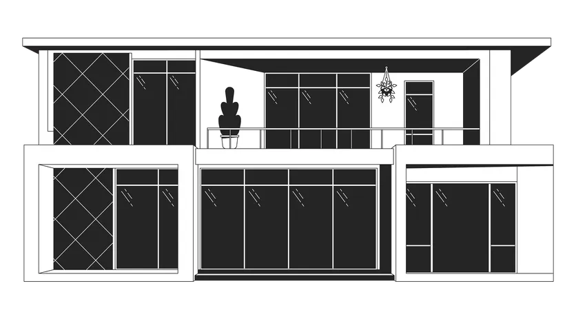 Modern Glass Home Black And White 2 D Line Cartoon Object Architectural Inspiration Housing Estate Building Isolated Vector Outline Item Property Exterior Monochromatic Flat Spot Illustration Illustration