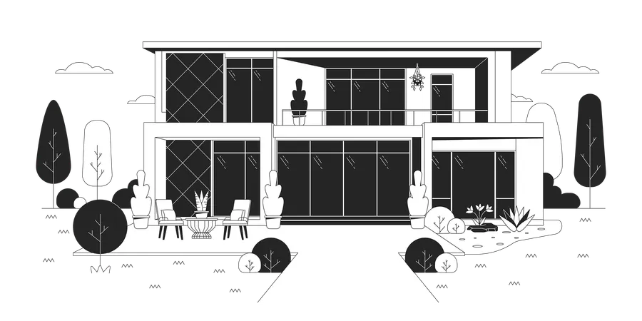 Modern Glass House Villa Black And White Cartoon Flat Illustration Landscaping Bushes Front Building Exterior 2 D Lineart Object Isolated Real Estate Housing Monochrome Scene Vector Outline Image Illustration