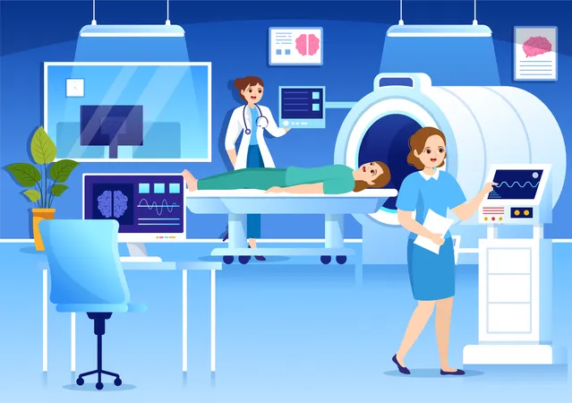 MRI Or Magnetic Resonance Imaging Illustration With Doctor And Patient On Medical Examination And CT Scan In Flat Cartoon Hand Drawn Templates イラスト