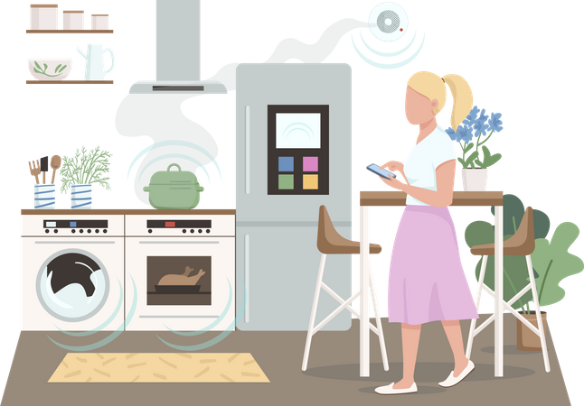 Modern housewife controlling fire alarm  Illustration