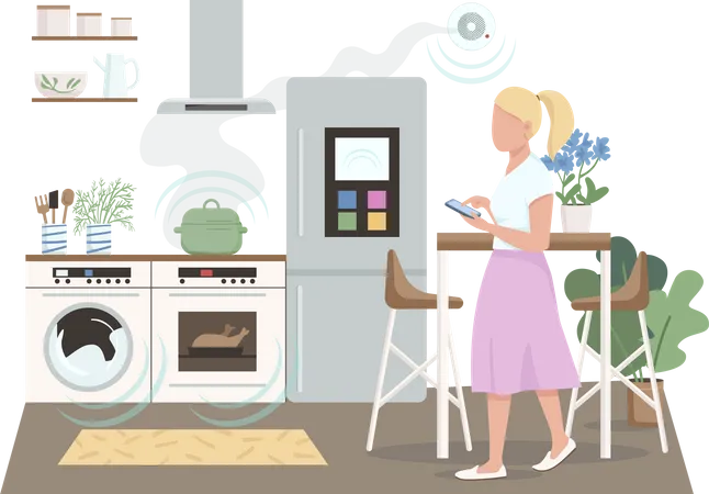 Modern housewife controlling fire alarm  Illustration