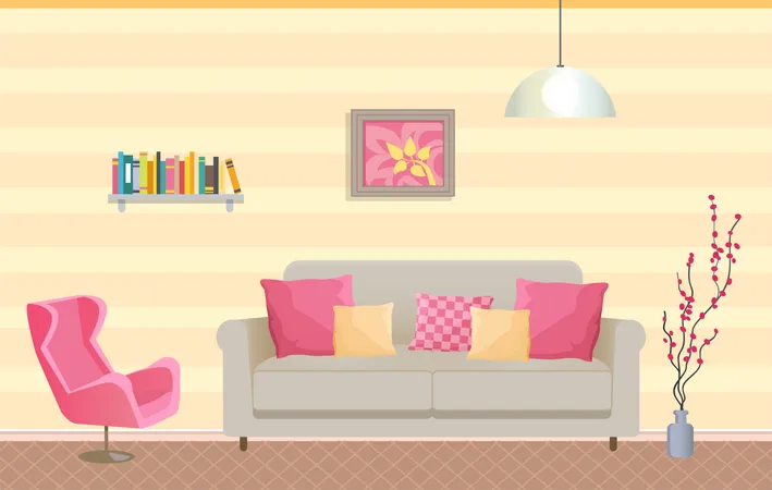 Modern Living Room Interior Design Cozy Room With Sofa Decor Accessories Planning And Arrangement Of Furniture In Room For Rest Sofa Place To Relax Contemporary Furniture Living Room Home Office Illustration