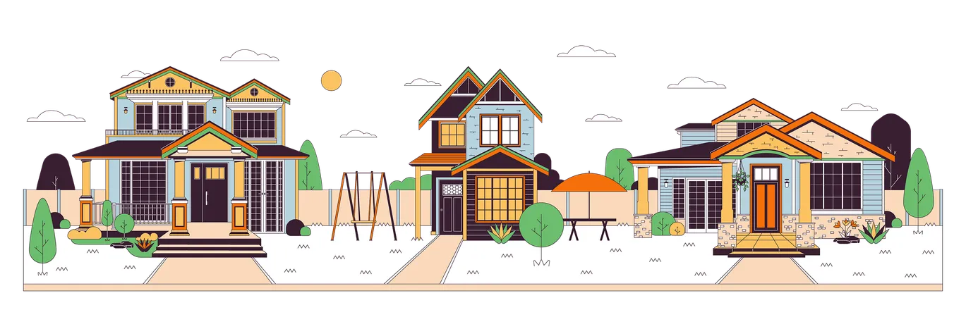 Modern Neighborhood Line Cartoon Flat Illustration Emerging Residential Area Front View Buildings 2 D Lineart Object Isolated On White Background Family Friendly Cottages Scene Vector Color Image Illustration