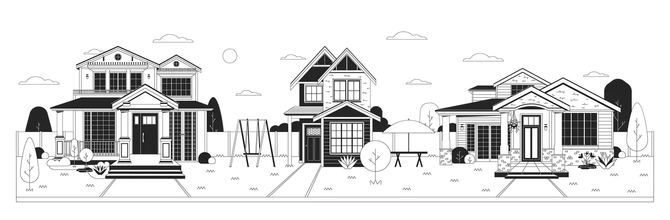 Modern Neighborhood Black And White Cartoon Flat Illustration Emerging Residential Area Exterior Buildings 2 D Lineart Object Isolated Family Friendly Cottages Monochrome Scene Vector Outline Image Illustration