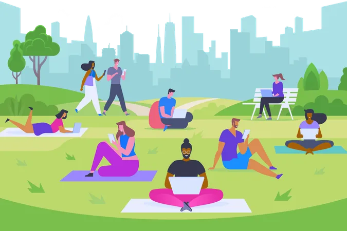 Modern Outdoor Rest Flat Vector Illustration Young Men And Women With Laptops And Smartphones Cartoon Characters Happy People Using Digital Devices Internet Surfing Freelance Distance Job Illustration