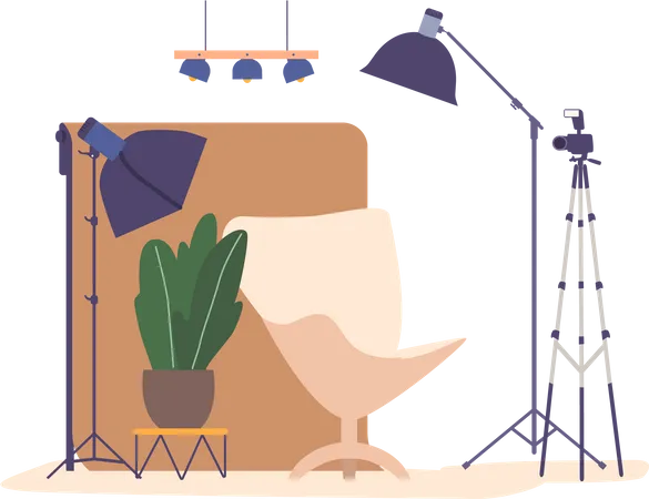 Modern Professional Photo Studio Interior With Well Equipped Lighting Setups Chair Backdrop And Props Versatile And Creative Space For Capturing Stunning Photographs Cartoon Vector Illustration Illustration