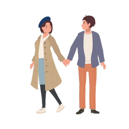 Modern Romantic Relationship Concept Cute Couple Walking Together Young Boy And Girl Holding Hands Romantic Boyfriend And Girlfriend Illustration