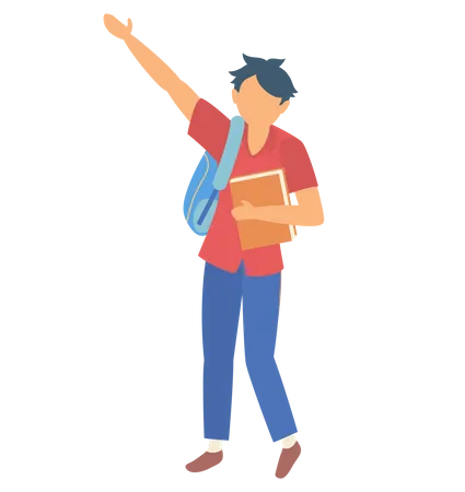 Schoolboy Raising Hand Up Vector Isolated Personage Holding Books Carrying Satchel On Shoulders Character At School Education Kid Gesturing Flat Style Back To School Concept Flat Cartoon Illustration