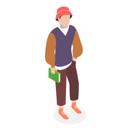 Modern student standing with book in hand  Illustration