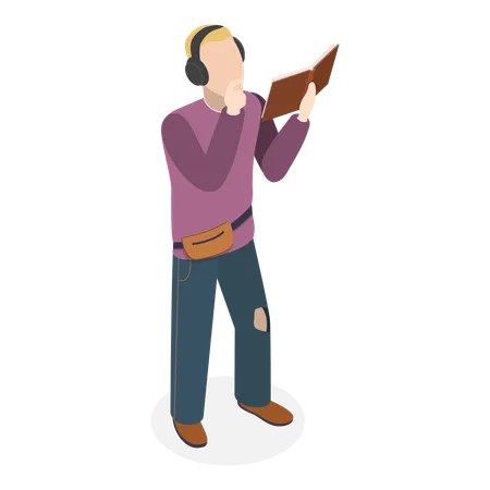 Modern student wearing headphone and reading book  Illustration