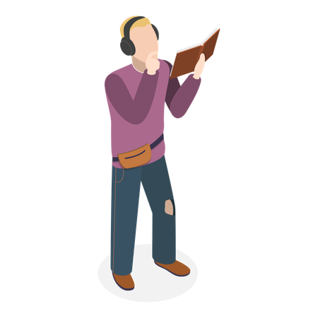 Modern student wearing headphone and reading book  Illustration