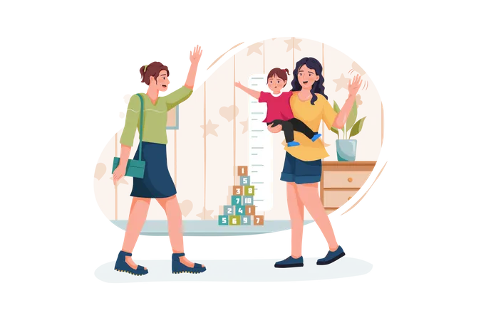 Modern stylish babysitter nanny holding baby playing with kids and waving farewell to busy mother  Illustration