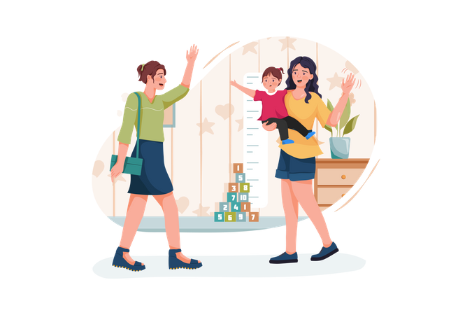 Modern stylish babysitter nanny holding baby playing with kids and waving farewell to busy mother  Illustration