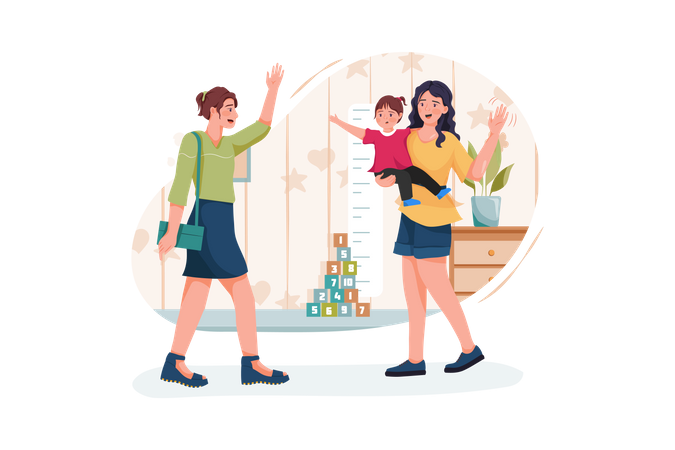 Modern stylish babysitter nanny holding baby playing with kids and waving farewell to busy mother  Illustration