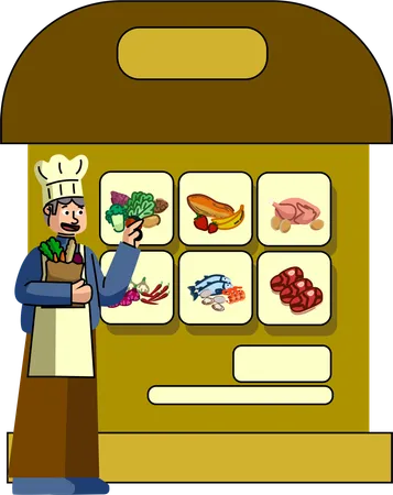 A Chef Selects Fresh Ingredients From A High Tech Vending Machine Showing Various Foods Like Vegetables Fruits And Fish Illustration
