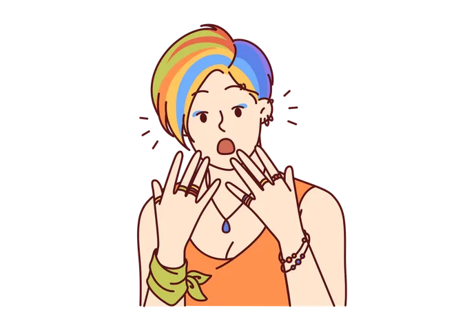 Shocked Woman With Colorful Hairstyle Surprised By Own Appearance After Getting Help From Stylist Shocked Girl With Fashion Accessories Opens Mouth With Delight After Receiving Amazing Business Offer イラスト