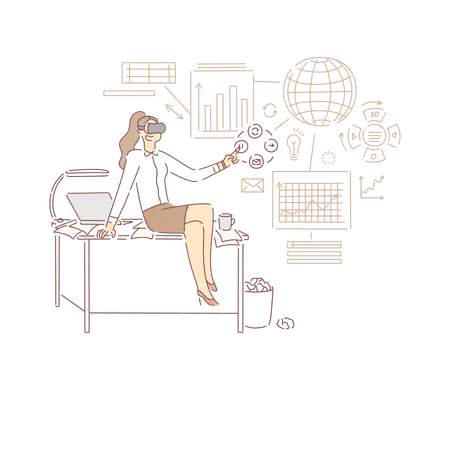 Modern World Business Management Manager In Virtual Reality Headset Preparing Statistical Report On Economic Transactions Banner Globalized Economy Concept Cartoon Sketch Flat Vector Illustration Illustration