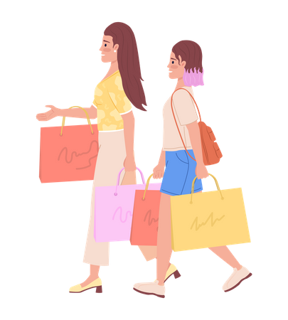 Mãe e filha modernas comprando roupas juntas  Ilustração